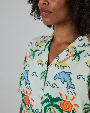 Tropical Pixel Aloha Blouse Ecru