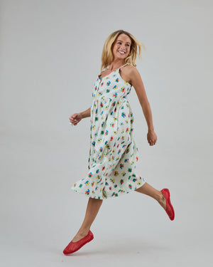 Mini Flowers Strappy Loose Dress Ecru