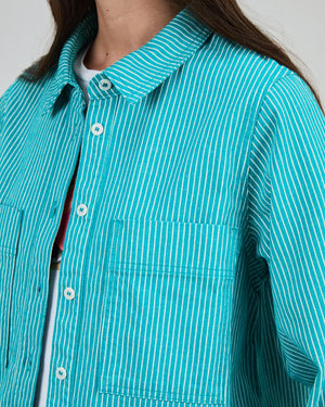 Denim Stripes Cropped Overshirt Green