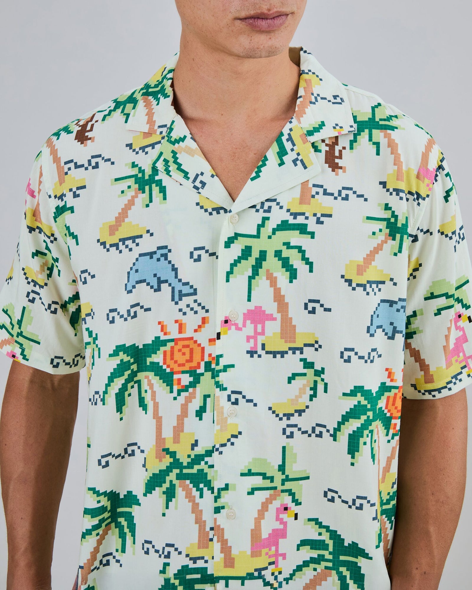 Tropical Pixel Aloha Shirt Ecru