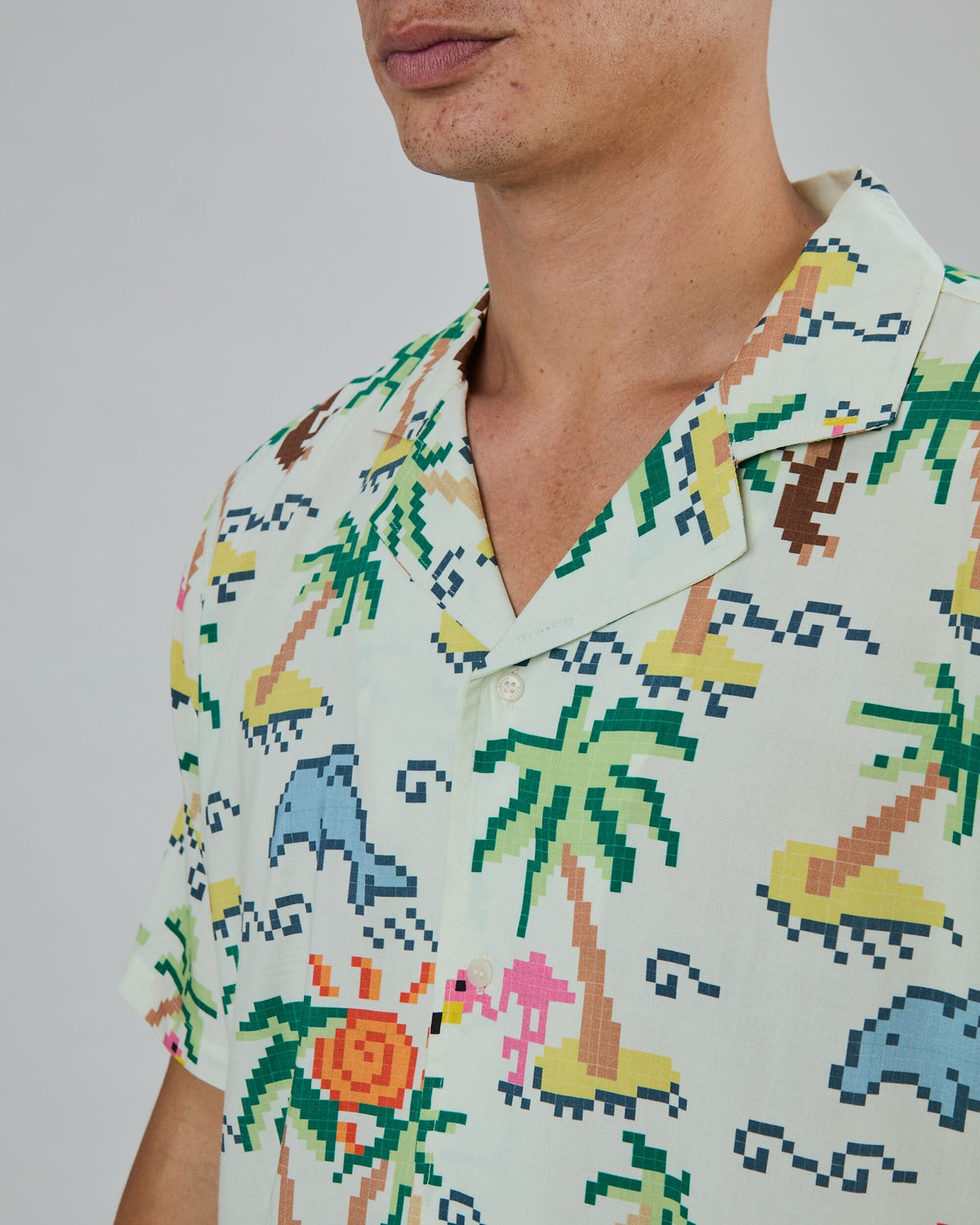 Tropical Pixel Aloha Shirt Ecru