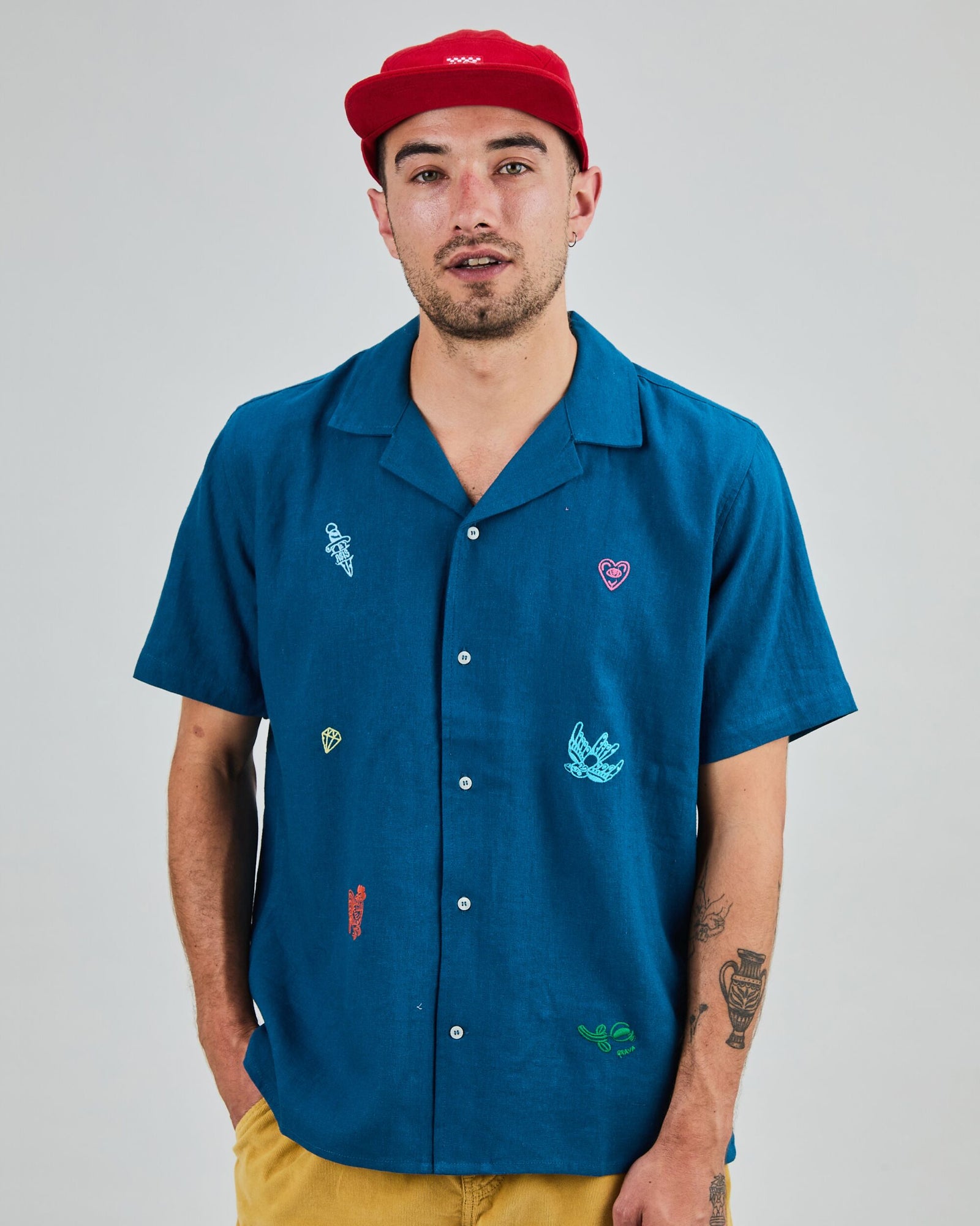 Asis Percales embroidery Aloha Shirt Blue