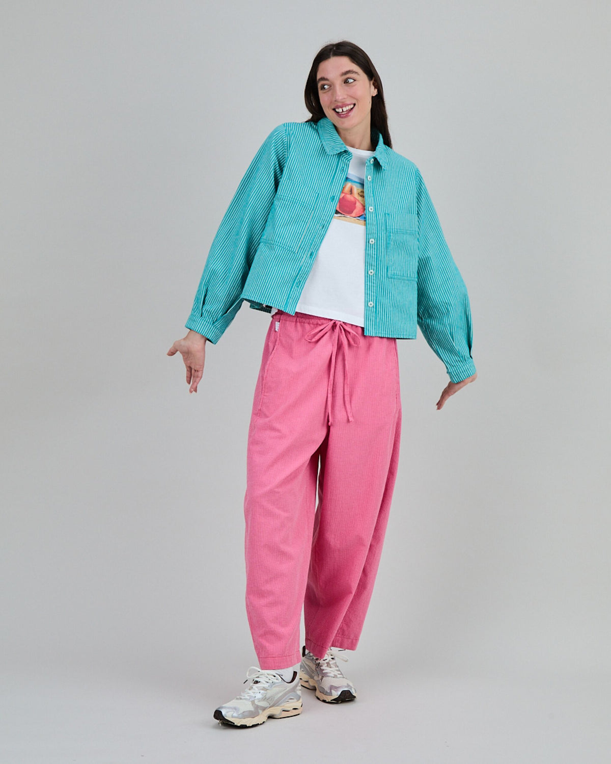 Denim Stripes Cropped Overshirt Green
