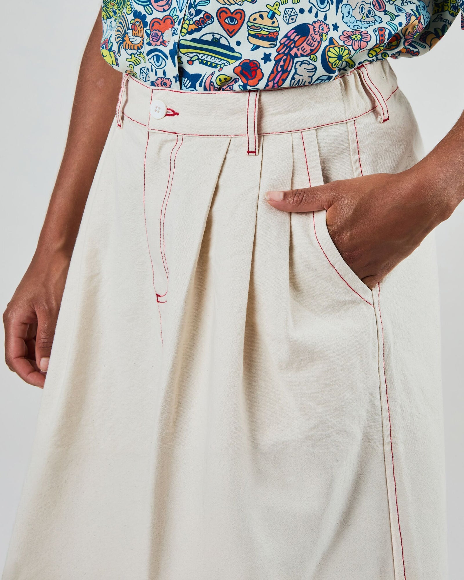 Denim Slub Midi Skirt Ecru