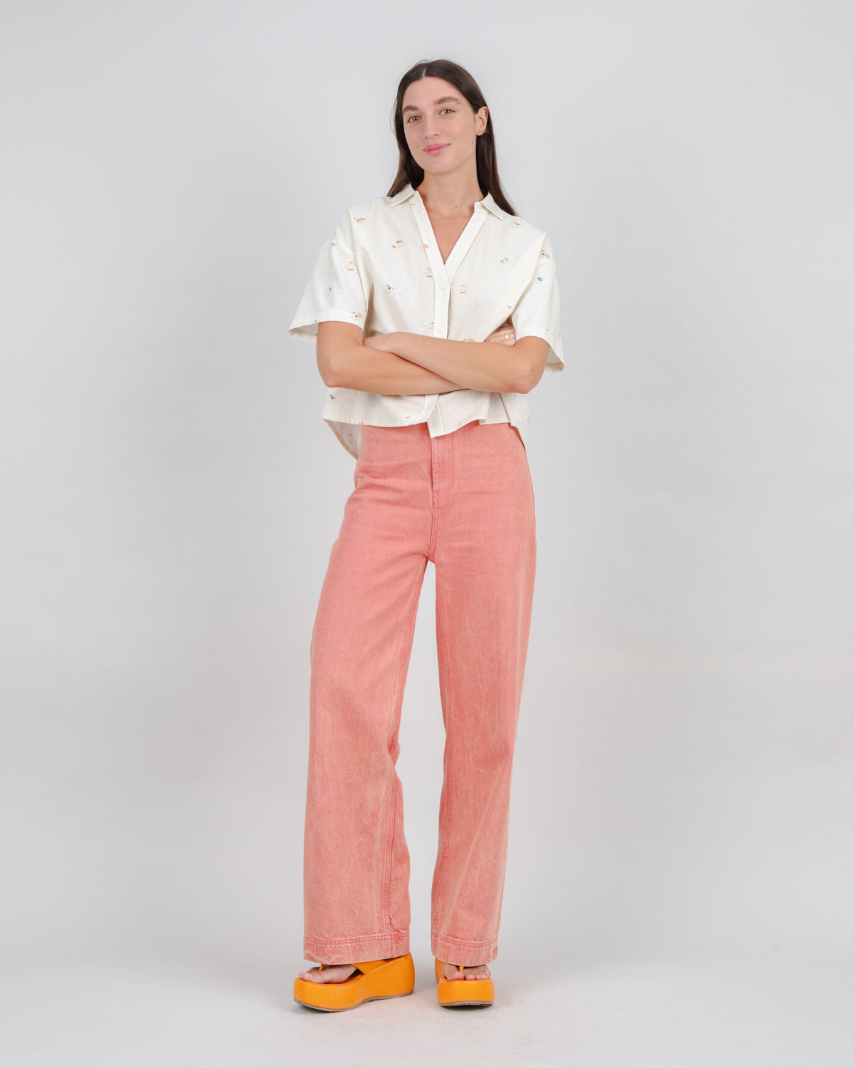Washed Denim Straight Leg Pants Pink